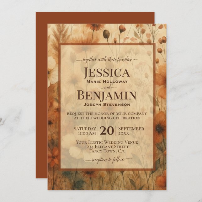 Convite Burnt Sienna Boho Chic Wildflowers Stylish Wedding (Frente/Verso)