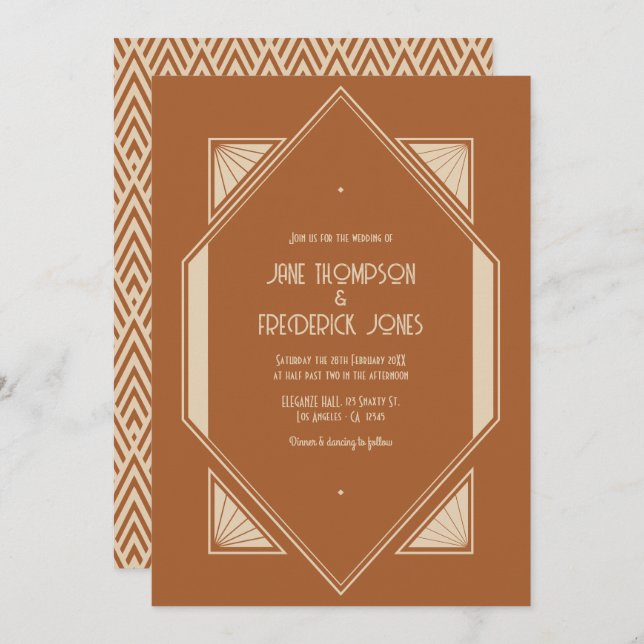 Convite Burnt Sienna & Desert Taupe Art Deco Wedding Photo (Frente/Verso)