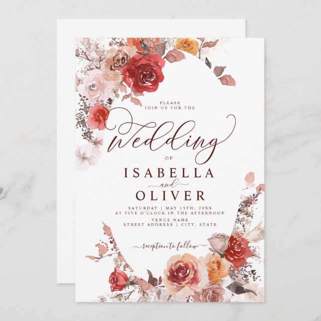 Convite Burundy Orange BohoTerracotta Wedding Invit (Frente/Verso)