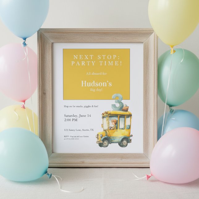 Convite Bus Birthday Invitation • Kids Party (Yellow bus birthday invitation in wooden frame with pastel balloons on light wall.)
