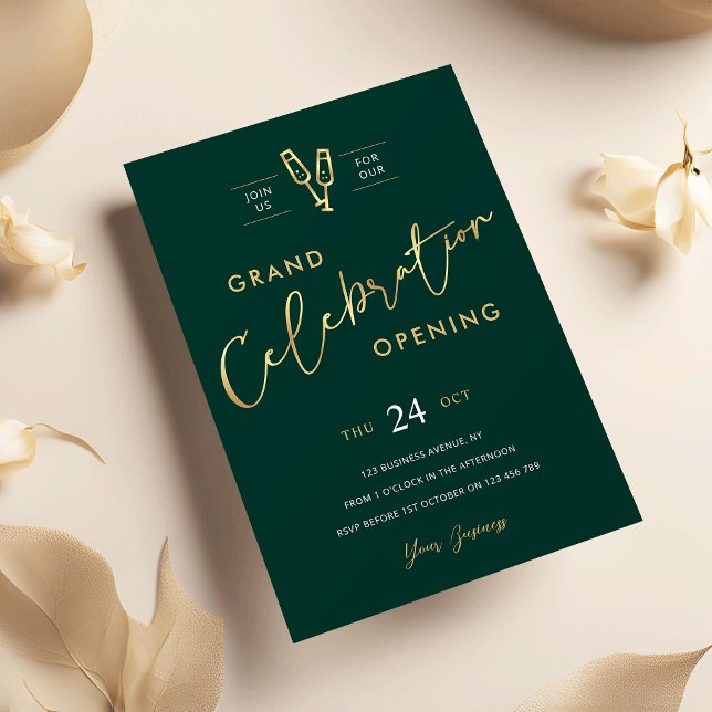 Convite Business Grand Abertura Chic Emerald Green e Doura (Elegant and chic emerald green and gold business grand opening invitation)