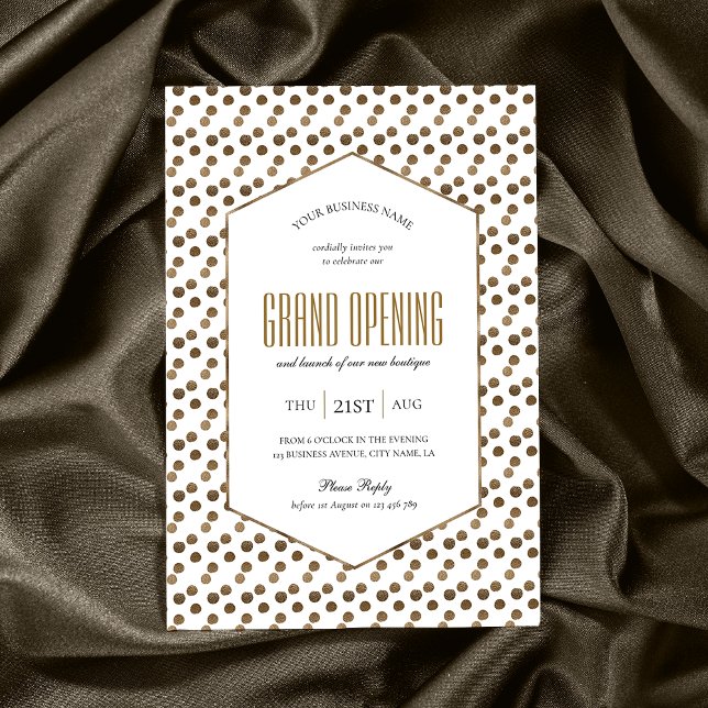 Convite Business Grand Open Elegante Dourada Chic Corporat (Elegant white and gold glitter business event invitation design with hexagon frame and gold effects)