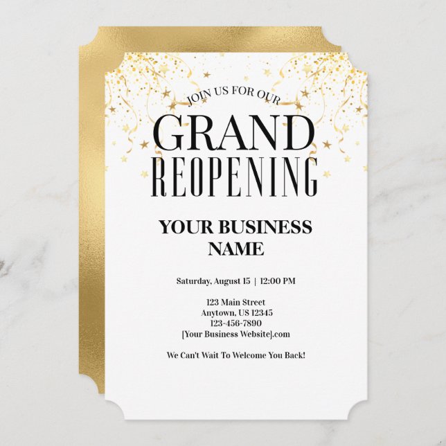 Convite Business Grand Reabrindo Estrelas de Confetti Dour (Frente/Verso)
