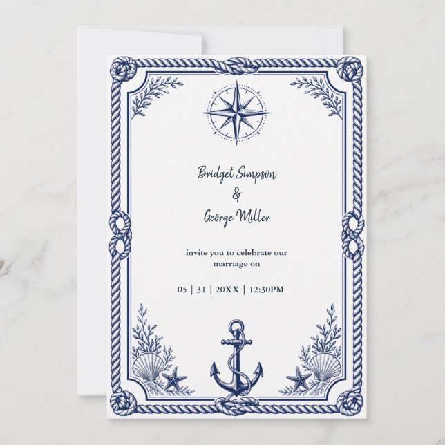 Convite Bússola de Casamento Naval Vintage (Frente)