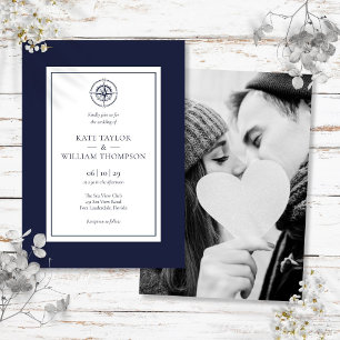 Convite Bússola Náutica Casamento Foto Azul Marinho E Bran