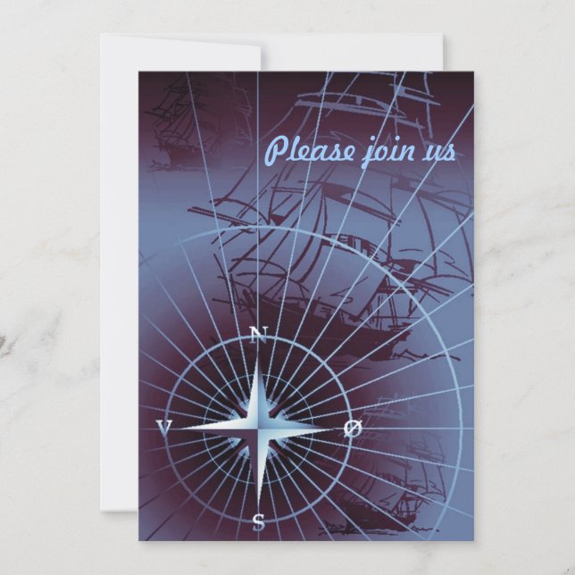 Convite Bússola Náutica da Meia-Noite Navios à Vela (Frente)
