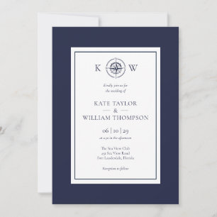 Convite Bússola Náutica Monograma Casamento Azul Marinho 