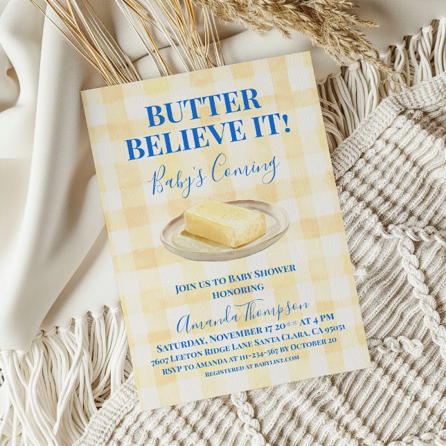 Convite Butter Believe It Yellow Gingham Boy Baby Shower (Criador carregado)