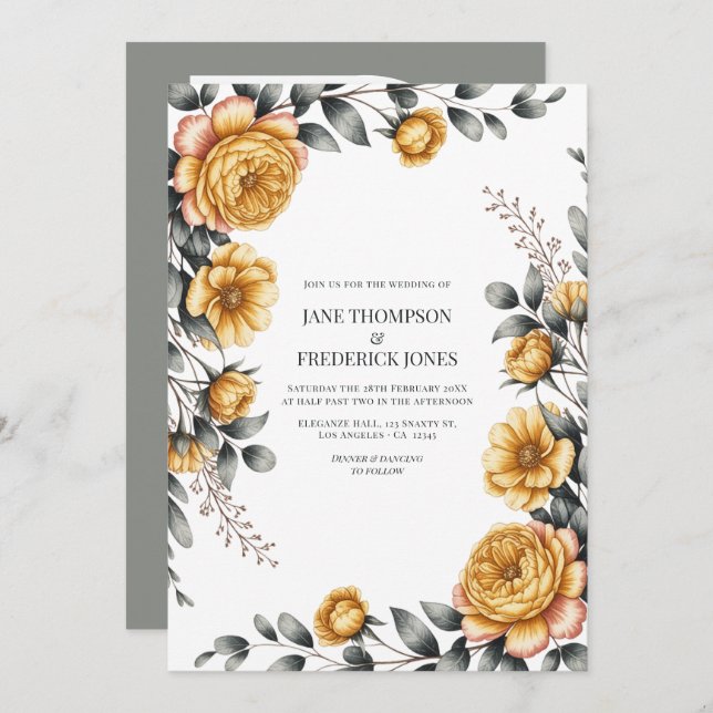 Convite Butter Yellow & Dove Gray Botanical Floral Wedding (Frente/Verso)