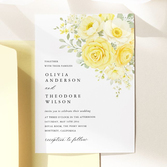 Convite Butter Yellow Ivory Floral Wedding (butter yellow ivory floral wedding invitation yellow rose invitation elegant wedding stationery)