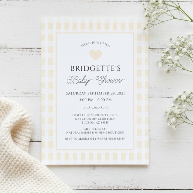 Convite Butter Yellow Plaid Baby Shower Chic (chic yellow and white preppy plaid baby shower invitation with heart elegant script typography)