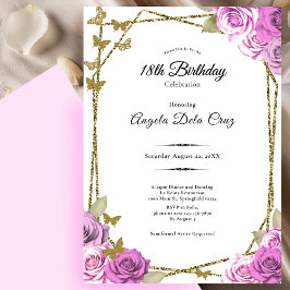 Convite Butterflies and Pink Roses 18th Debut Birthday