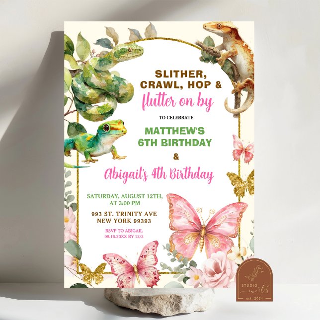 Convite Butterflies and Reptiles Joint Sibling Birthday  (Criador carregado)