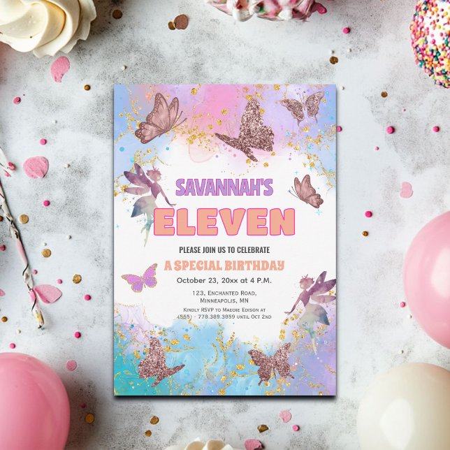 Convite Butterflies Fairy Gold Glitter 11th Birthday Party (Criador carregado)