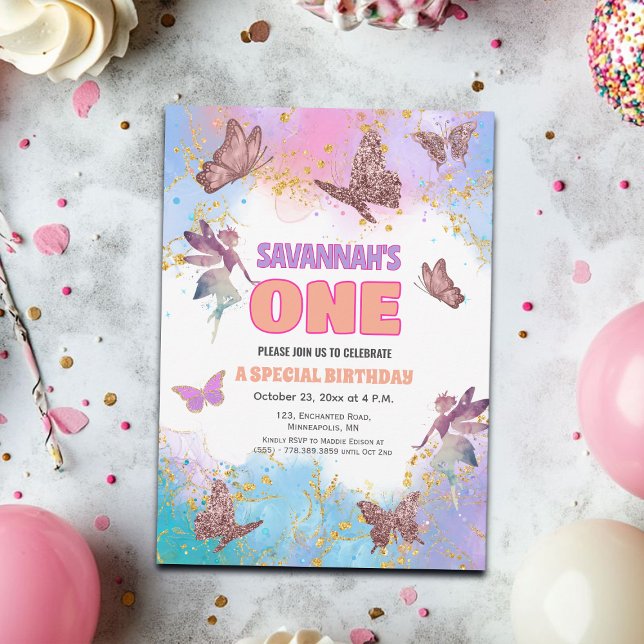 Convite Butterflies Fairy Gold Glitter 1st Birthday Party (Criador carregado)