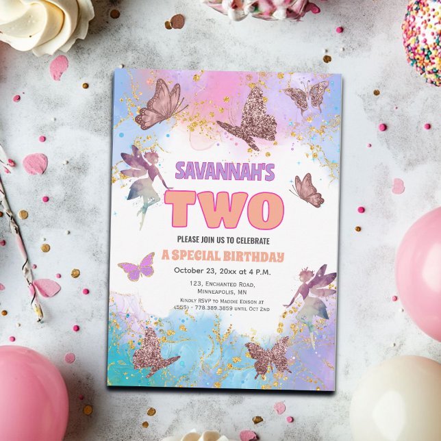 Convite Butterflies Fairy Gold Glitter 2nd Birthday Party (Criador carregado)