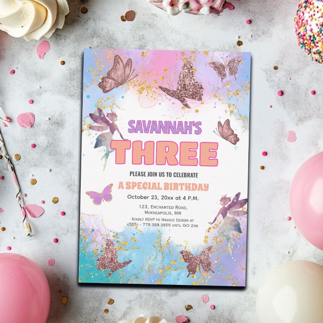 Convite Butterflies Fairy Gold Glitter 3rd Birthday Party (Criador carregado)