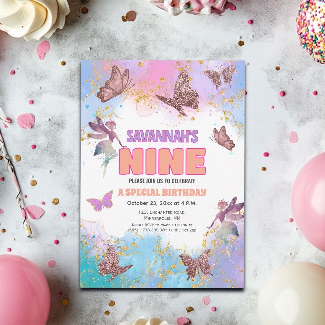 Convite Butterflies Fairy Gold Glitter 9th Birthday Party (Criador carregado)