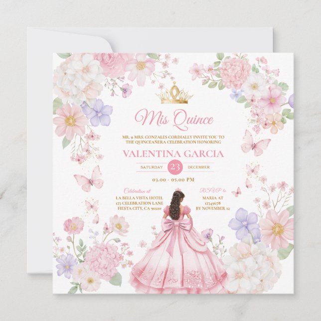 Convite Butterflies Pink Purple Quinceañera 15 Anos (Frente)