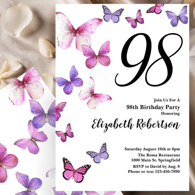 Convite Butterfly 98th Birthday Invitation in Pink Purple (Criador carregado)