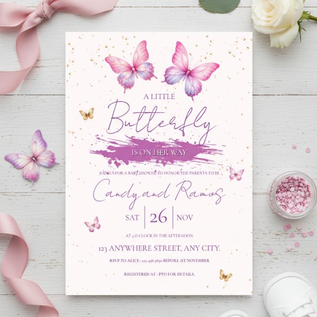 Convite Butterfly Baby Shower Invitation (A little butterfly is on her way – pink and purple baby shower invitation design.)