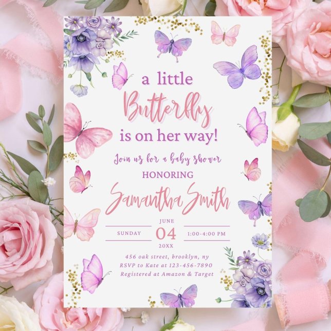 Convite Butterfly Baby Shower Invitation, Pink Purple  (Criador carregado)
