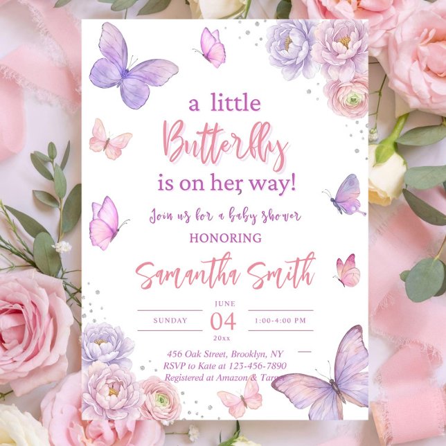 Convite Butterfly Baby Shower Invitation, Pink Purple  (Criador carregado)