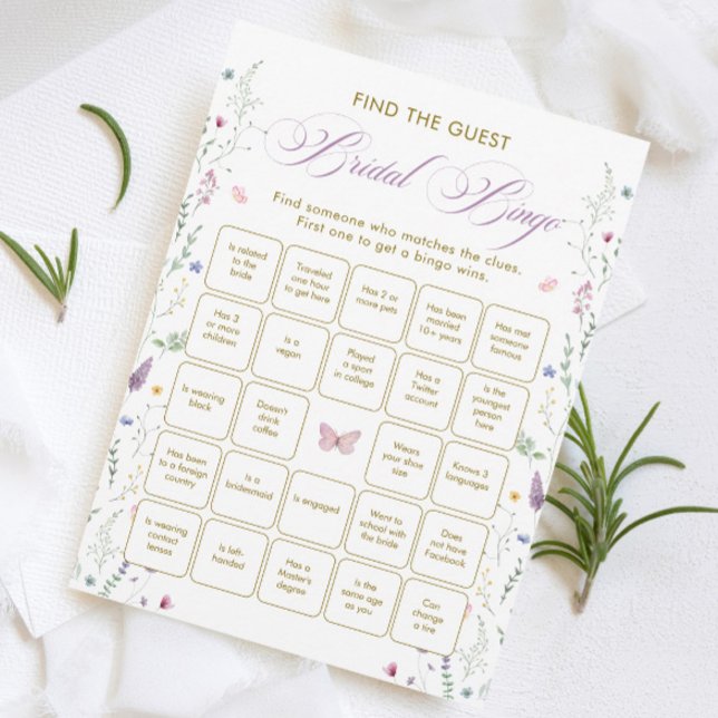 Convite Butterfly Bridal Shower Find the Guest Bingo Game  (Criador carregado)