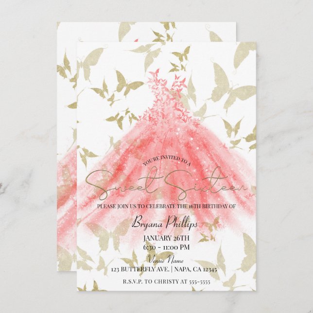 Convite Butterfly Dance Coral Vestido Dourado Sweet 16 Par (Frente/Verso)