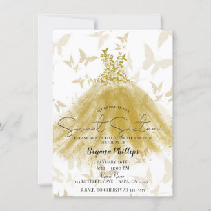 Convite Butterfly Dance Dourado Sparkle Dress Doce 16 Part