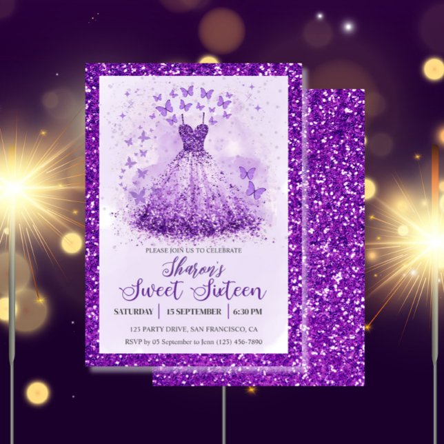 Convite Butterfly Dance Glitter Purple Dress Sweet 16  (Sweet 16 Butterflies Dress Party Invitation)