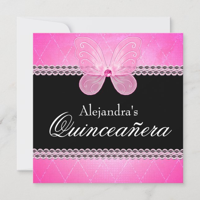 Convite Butterfly Diamantes Rosa Quinceanera (Frente)