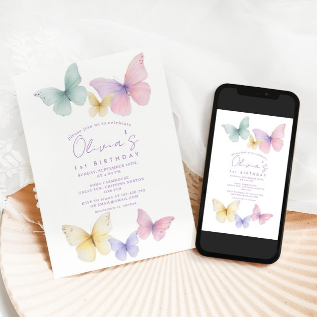 Convite Butterfly First Birthday Girl  Invitation (Criador carregado)