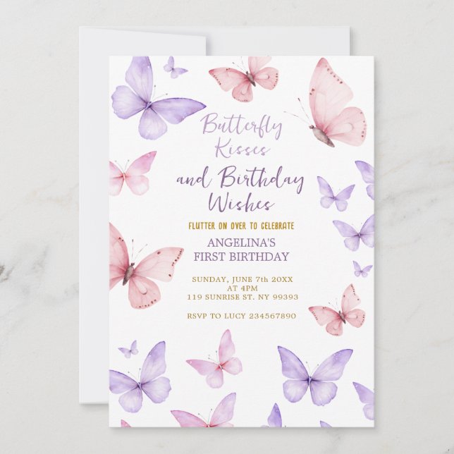 Convite Butterfly First Birthday Invitation Girl (Frente)