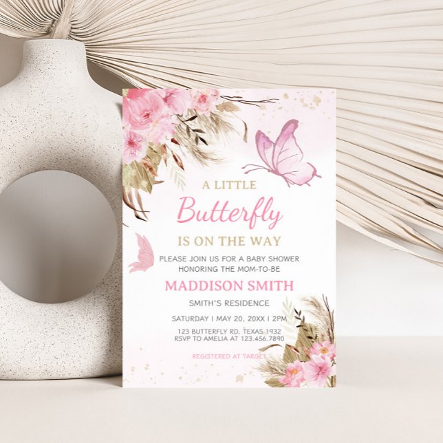 Convite Butterfly Floral Baby Shower  (Pink Butterfly Baby Shower Invitation)