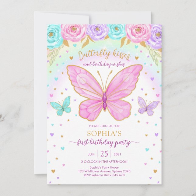 Convite Butterfly Floral Girl Birthday Invitation (Frente)