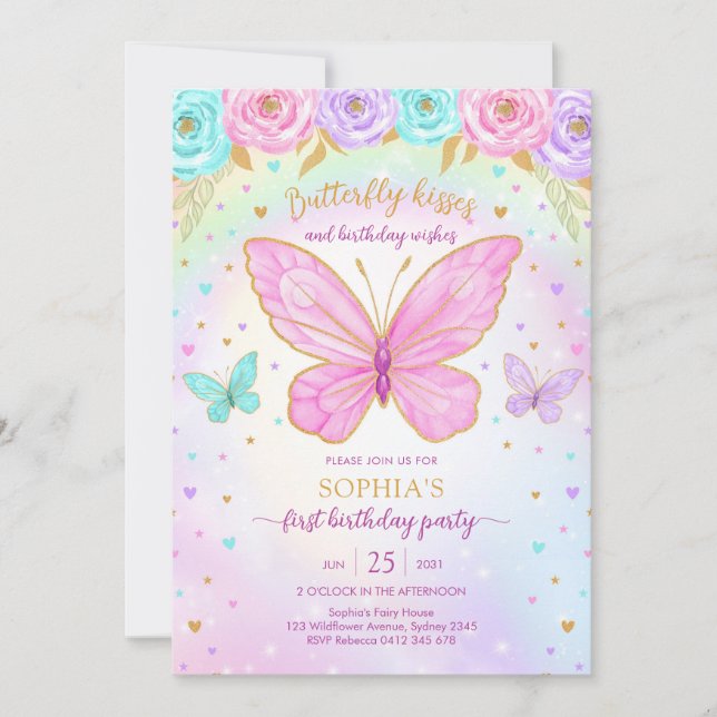 Convite Butterfly Floral Girl Birthday Invitation (Frente)