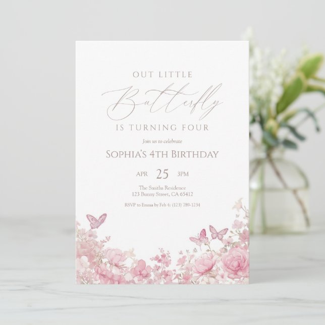 Convite Butterfly Floral Pink Birthday (Em pé/Frente)