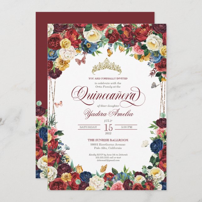 Convite Butterfly Garden Burgundy Royal Floral Quinceanera (Frente/Verso)