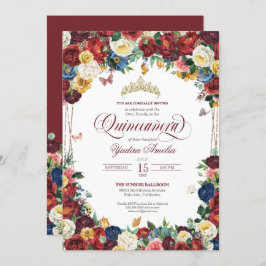 Convite Butterfly Garden Burgundy Royal Floral Quinceanera