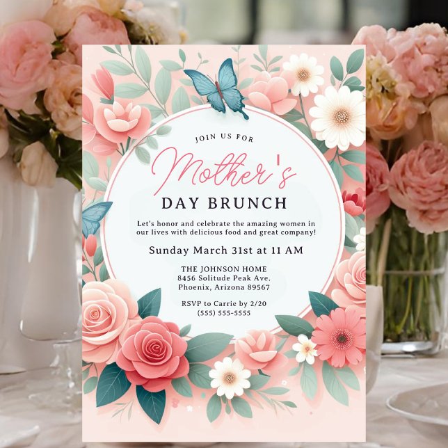 Convite Butterfly Garden Primavera Floral Dia de as mães B (Mother's Day Brunch card invitation)