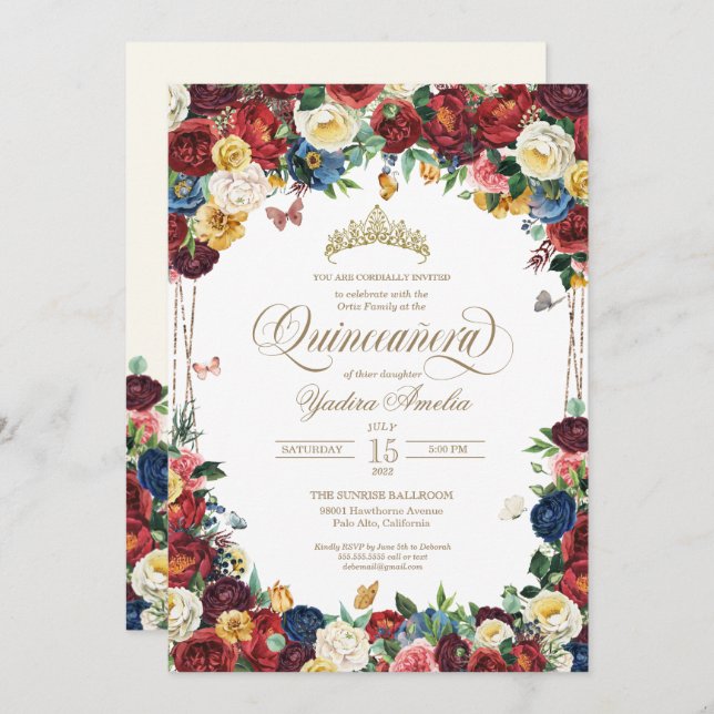 Convite Butterfly Garden Watercolor Quinceanera Floral (Frente/Verso)