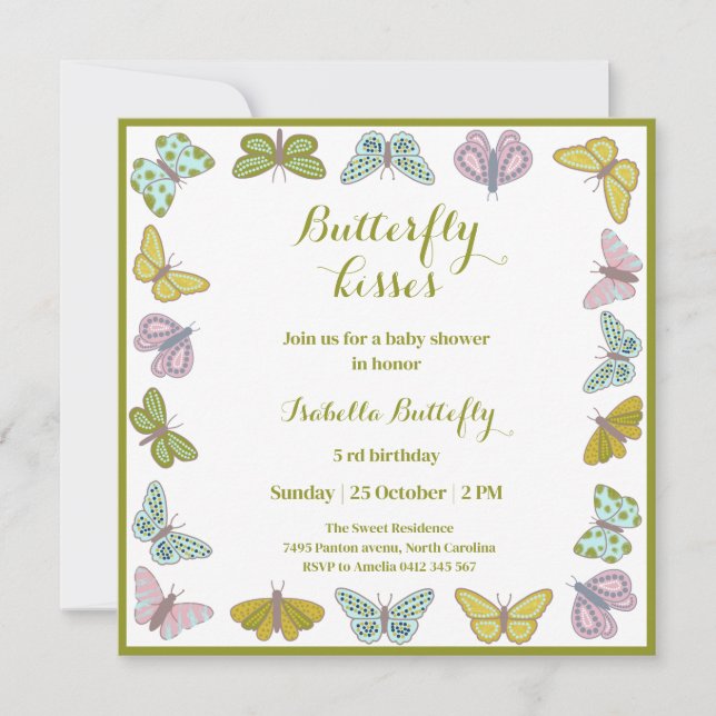 Convite Butterfly kisses Girl Baby Shower (Frente)