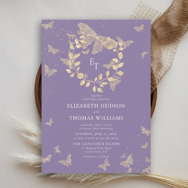 Convite Butterfly Lavender Gold Monograms Wreath Wedding (butterfly wedding invitation lavender purple gold eucalyptus elegant modern classic romantic)