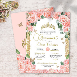 Convite Butterfly Peach Floral Rosa e Quinceanera Dourada