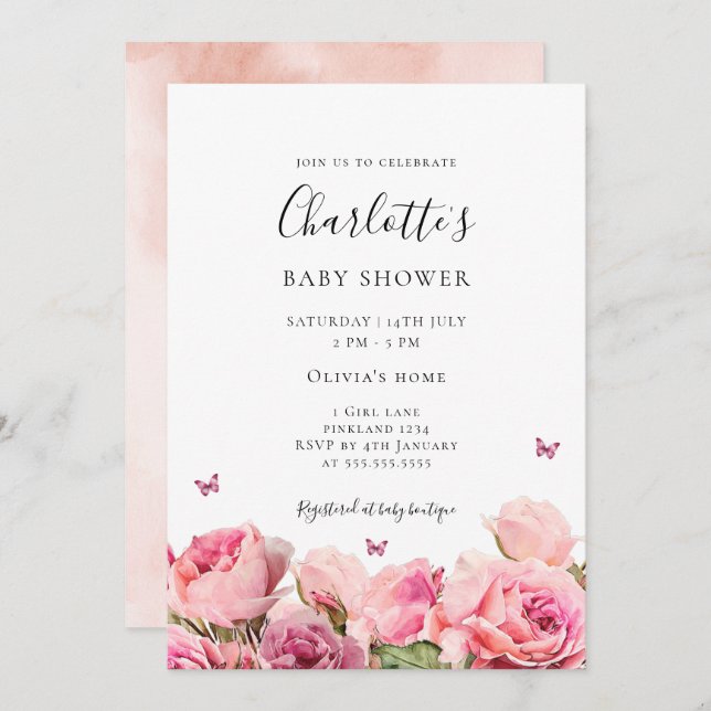 Convite Butterfly Pink Rose Girl Baby Shower Invitation (Frente/Verso)