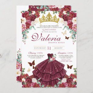 Convite Butterfly Princesa Burgundy Rosas vermelhas Quince