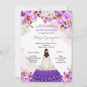 Convite Butterfly princesa roxa Quinceanera