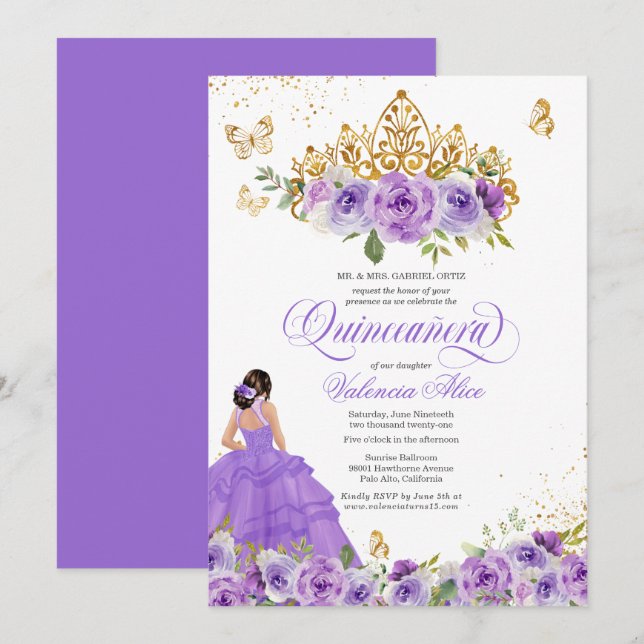 Convite Butterfly Quinceañera + Flores De Aquarela Roxos (Frente/Verso)