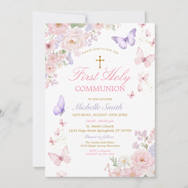 Convite Butterfly Soft Floral First Holy Communion (Frente)